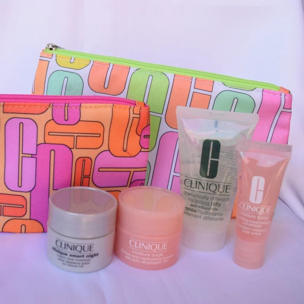 Clinique Beauty Set-2 Pink Green Pouches,Eye,Concentrate,Hydrator&Lips-10pc-NEW